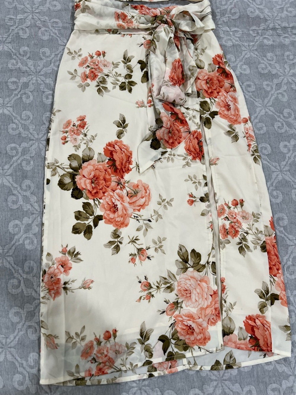 SHEIN Cream Midi Dress with Coral Floral Print and Waist Tie- 2 Piece Set - Picture 2 of 7